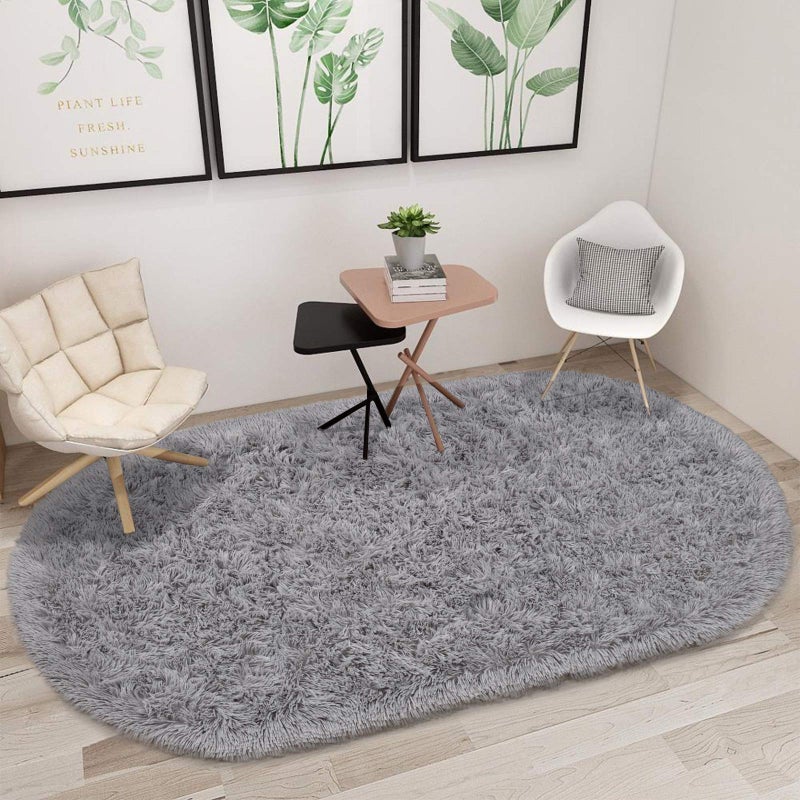 junovo Ultra Soft Washable Shaggy Rug - Non-Slip Oval Carpet for Nursery, Kids Bedroom & Home Decor (2.6x5.3ft Grey) | Plush Fluffy Floor Mat for Cozy Living Spaces - Image 2